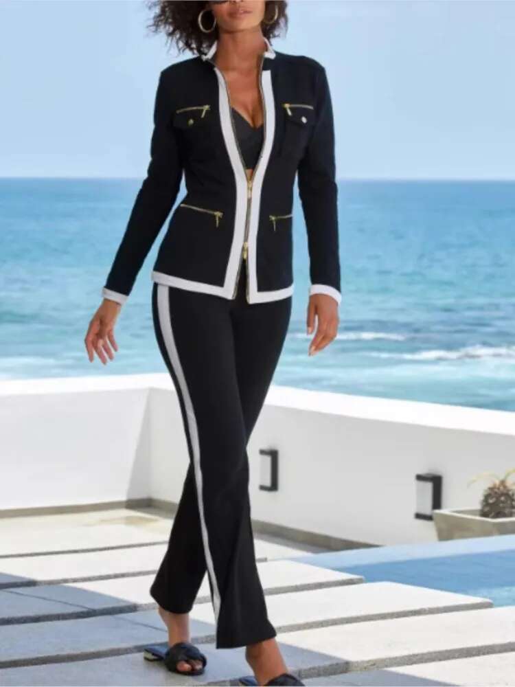 2 Piece Outfit Winter Fall Fashion O-Neck Long Sleeve Zipper Top Coat Elegant Straight Pant Set Women Sports Clothing