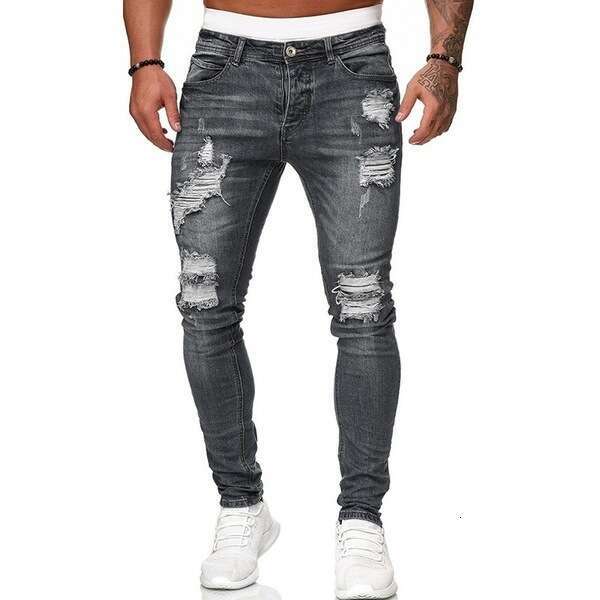 European and American jeans casual slim fit small footed men's perforated pants versatile 2025 new style temperament chic elegant clothing