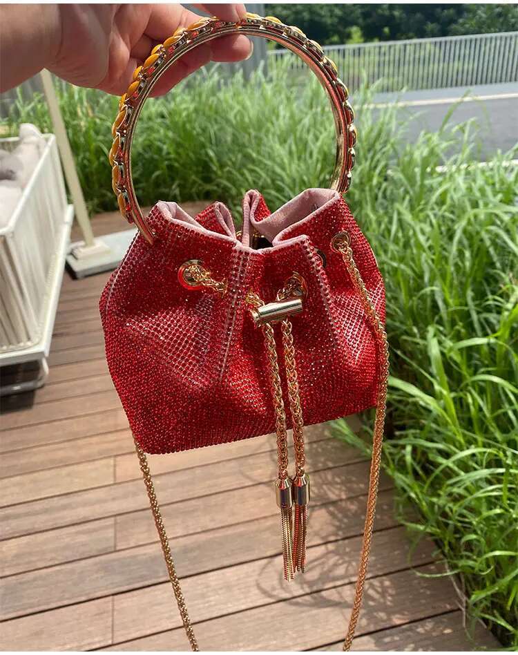 Metal Ring Handle Bucket Women Handbag Glitter Shiny Rhies Evening Wedding Party Clutch Purse Messenger Bag