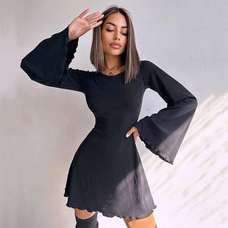 Sexy Dresses Nightclub Mini Short Party Dress Women Back Bandage O Neck Flare Sleeves Autumn Vestidos Ladies Fall Robe