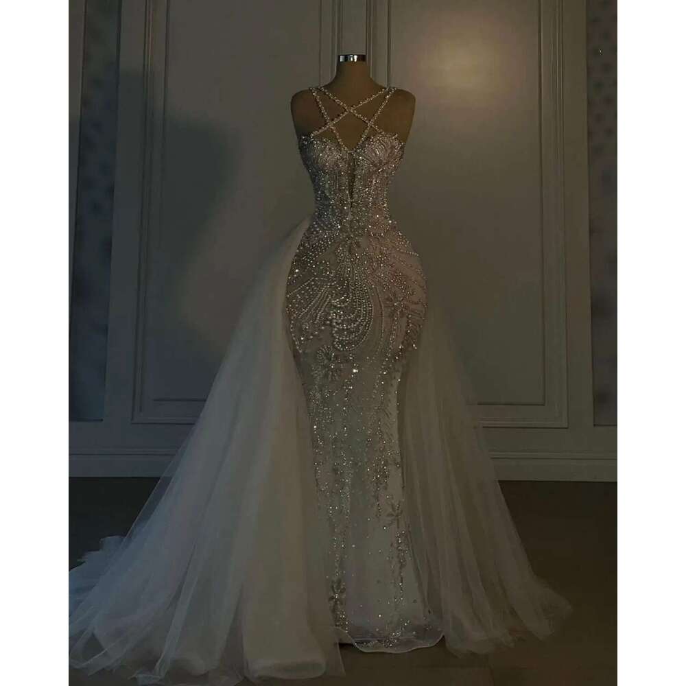 Sexy Beads Mermaid Wedding Fashion Lace Pearls Sleeveless Up The Floor Bridal Dress Made To Order