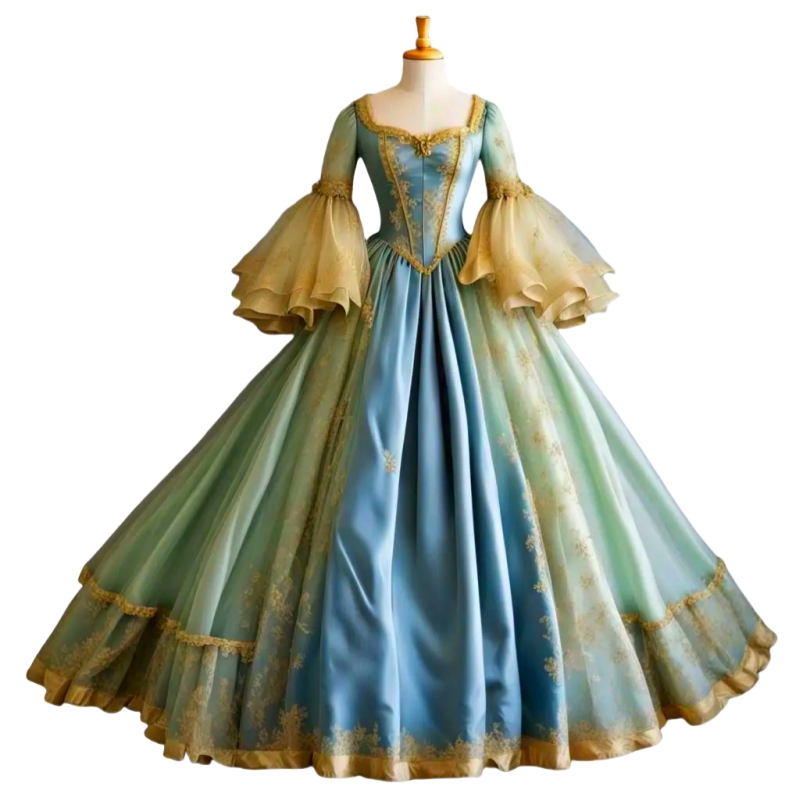 Vintage Victorian Prom Dresses Long Flare Sleeves Floor Length Colorful Special Occasion Gown Women Historical Costume Gold Lace Appliques Sky Blue Ve