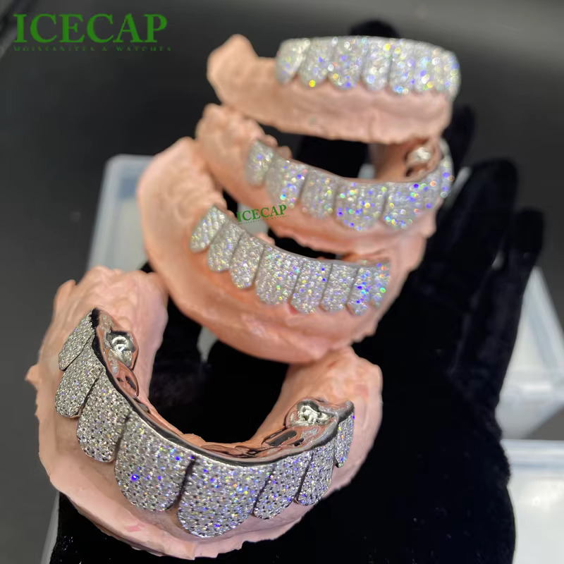 Custom HIphop Honeycomb Setting Grillz VVS Moissanite Perm Cut Diamond Grillz Iced Out Bling Sterling Silver Teeth Grillz