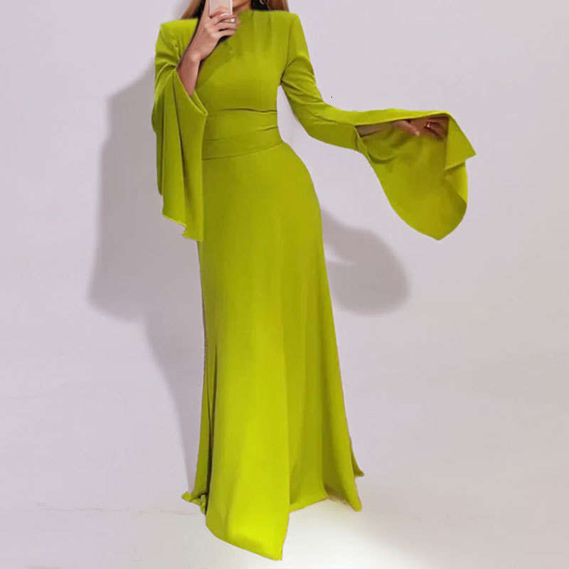 Women's 2025 Year New Style Elegant Solid Color Half High Collar Lotus Leaf Sleeve Dress KLMY