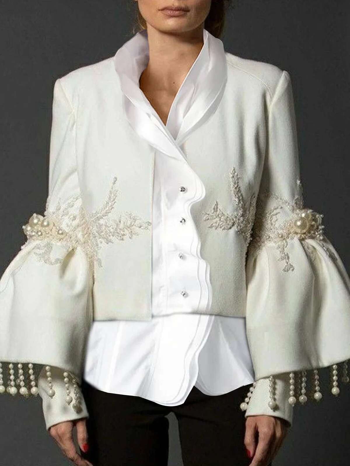 Women Tassel Jacket Fashion Elegant Stand Collar Pearl Fringed Decor Embroidery Flare Sleeve Coat Autumn Winter Outwear