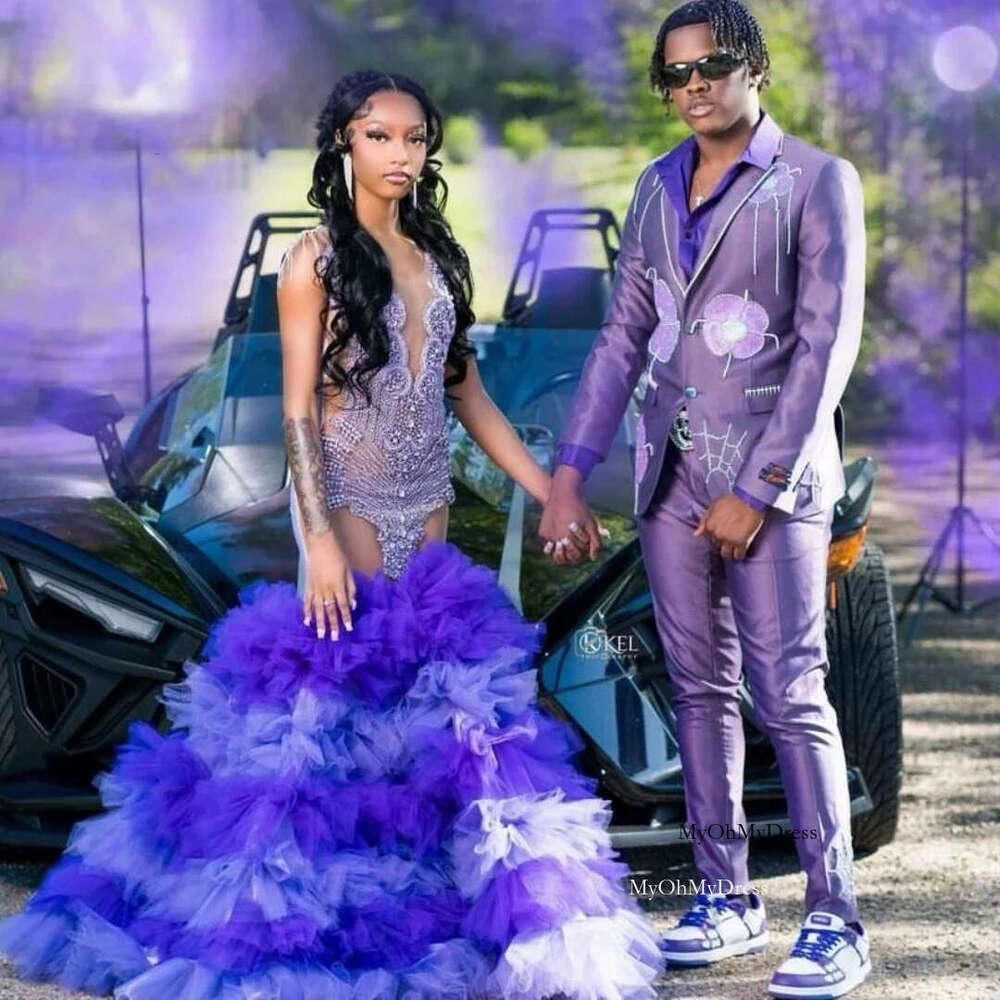 Purple Ruffled Long Prom Dress For Black Girls Mermaid Crystals Elegant Birthday Party Dresses Women Evening Gown Customized al0311