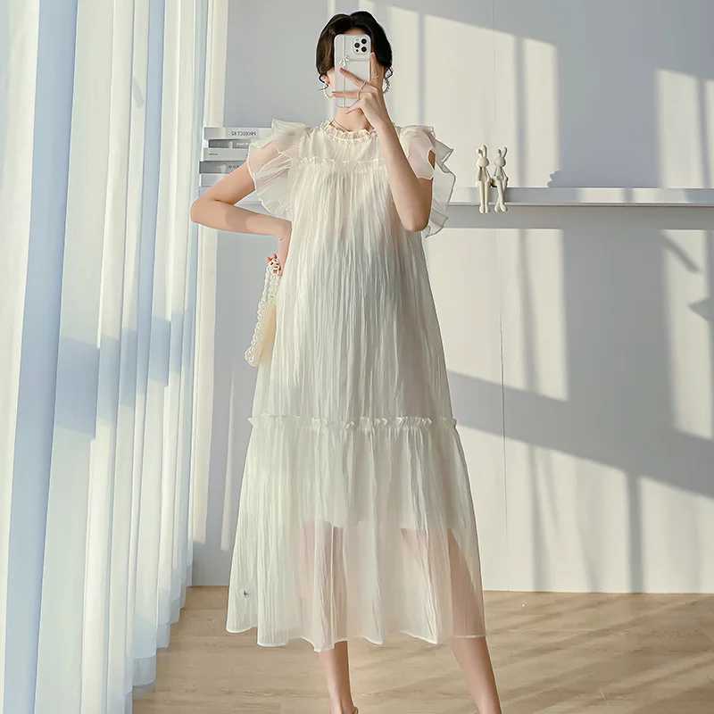 Maternity Clothes Silk Pleated Long Dress Skirt Summer Loose Casual Pregnant Women Short Sleeve Dress Vestido Pregnancy ClothingT250311