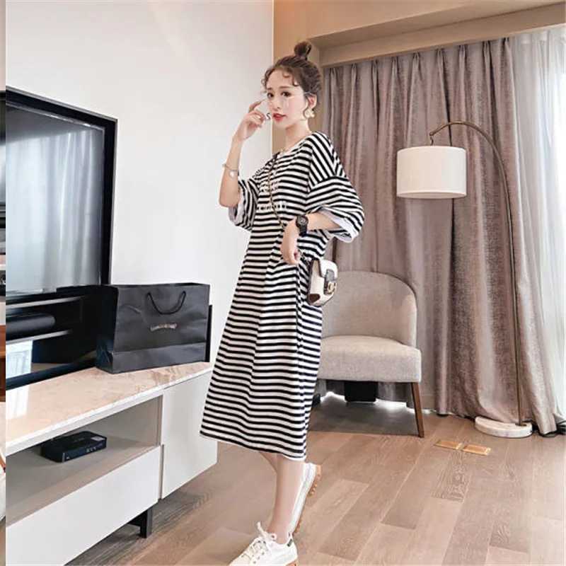 Maternity Summer Large Size Dress Korean Loose Maternity Tops Striped Long T-Shirt Dress Knee-Length Short-Sleeved Long SkirtT250311