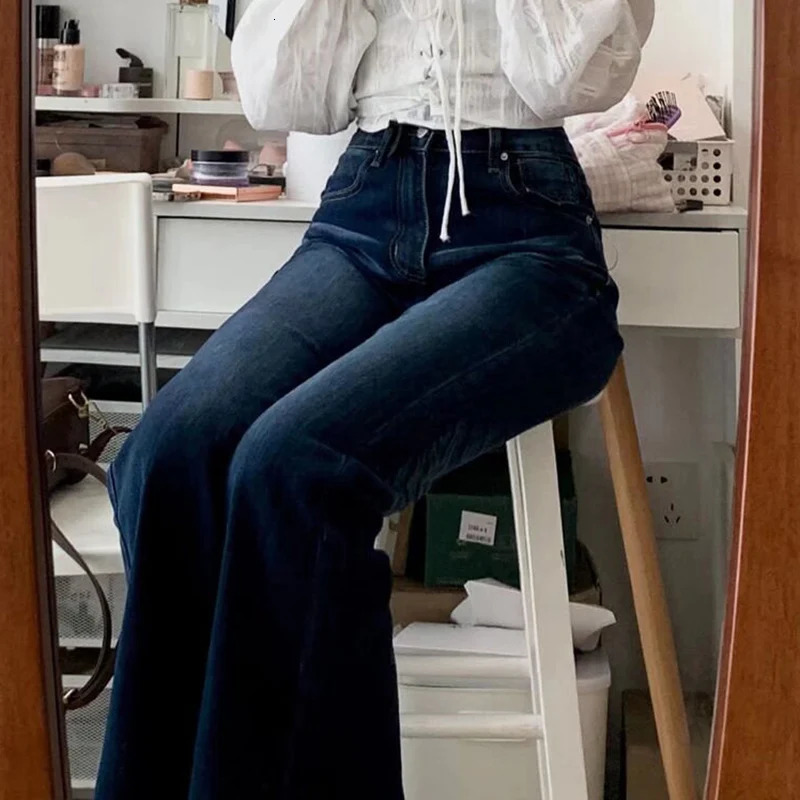 Womens Fashion Vintage Dark Blue Flare Jeans Female Low Waist Bell Bottom Pants Girls Stretch Streetwear Denim Trousers 250311