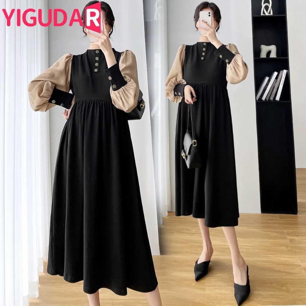 2023 Autumn maternity dress Elegant Fashion Button Dress pregnant women clothing Long Sleeve Patchwork Vestido de fotografiaT250311