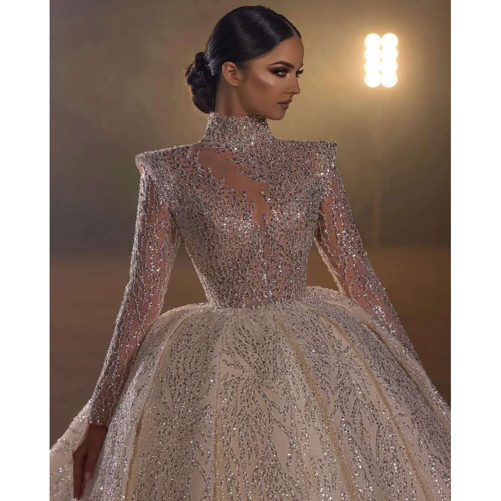 the sparkly ball dress high neck long sleeve lace wedding dresses