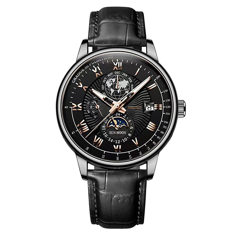 Stylish and Trendy Mens Watch with Three Eye Calendar Starry Sky Moon Design and Leather Belt Perfect for Fashionable Men