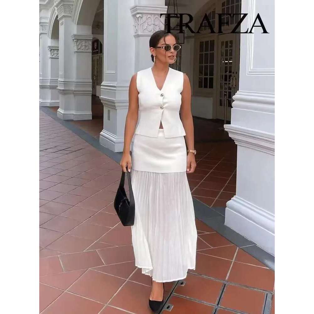TRAFZA Women 2 Piece Set Chic V-Neck Sleeveless Button Knitted Vest Top+Splicing High Waist Side Zipper Ankle-Length Skirt TRAF