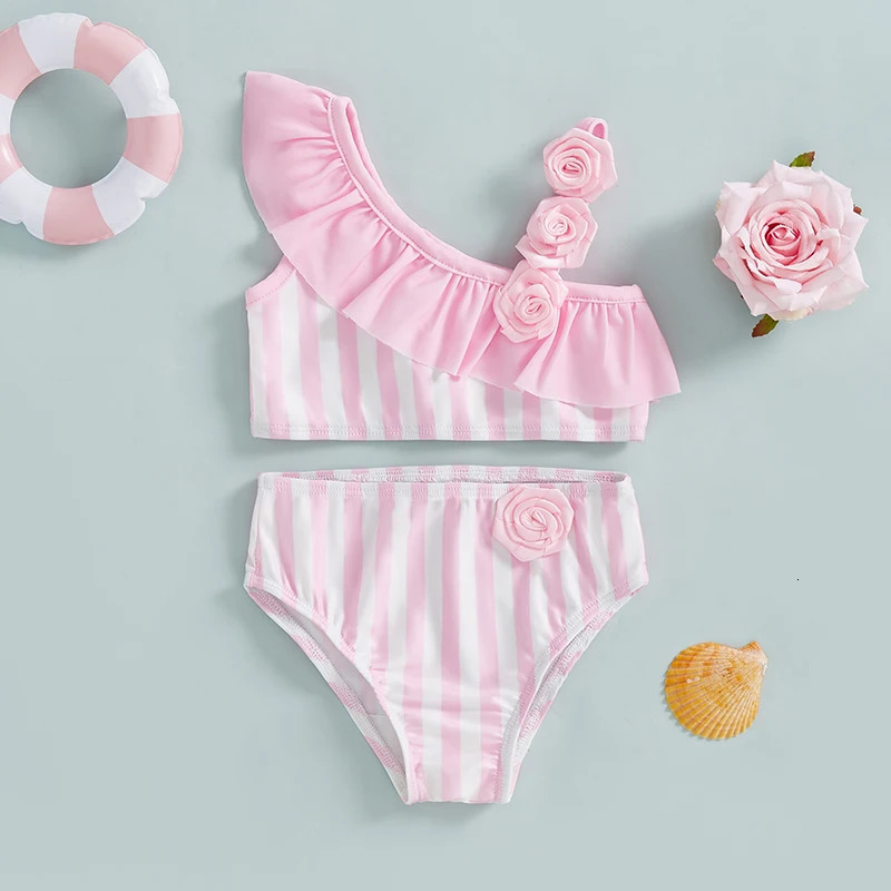 Citgeett Summer Kids Toddler Girl Bikini Set Swimsuit Stripe Print Ruffled Floral Shorts Bathing Suit Beachwear Clothes 250311