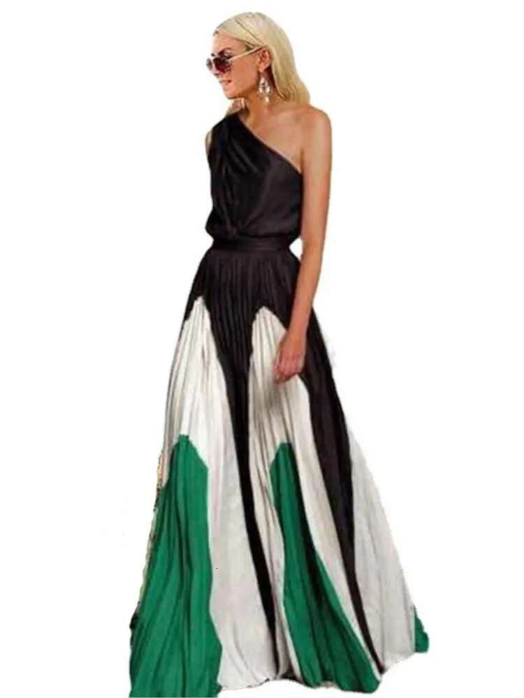 2024 Spring Summer New One Dresses Women Splicing Print Off Shoulder Loose Long Dress Fashion Ladies Commuting Vestidos