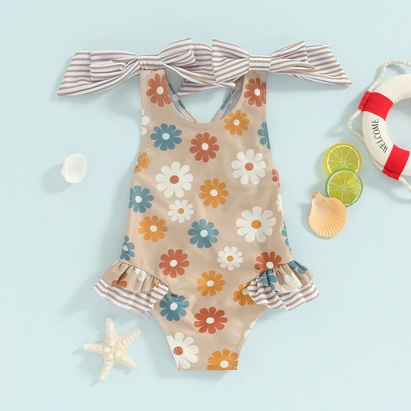 1-6Y Kids Swimwear Girls Bikini Set Sleeveless Bow Straps Floral Bathing Suits Baby Swimsuits Toddler Beachwear 250311