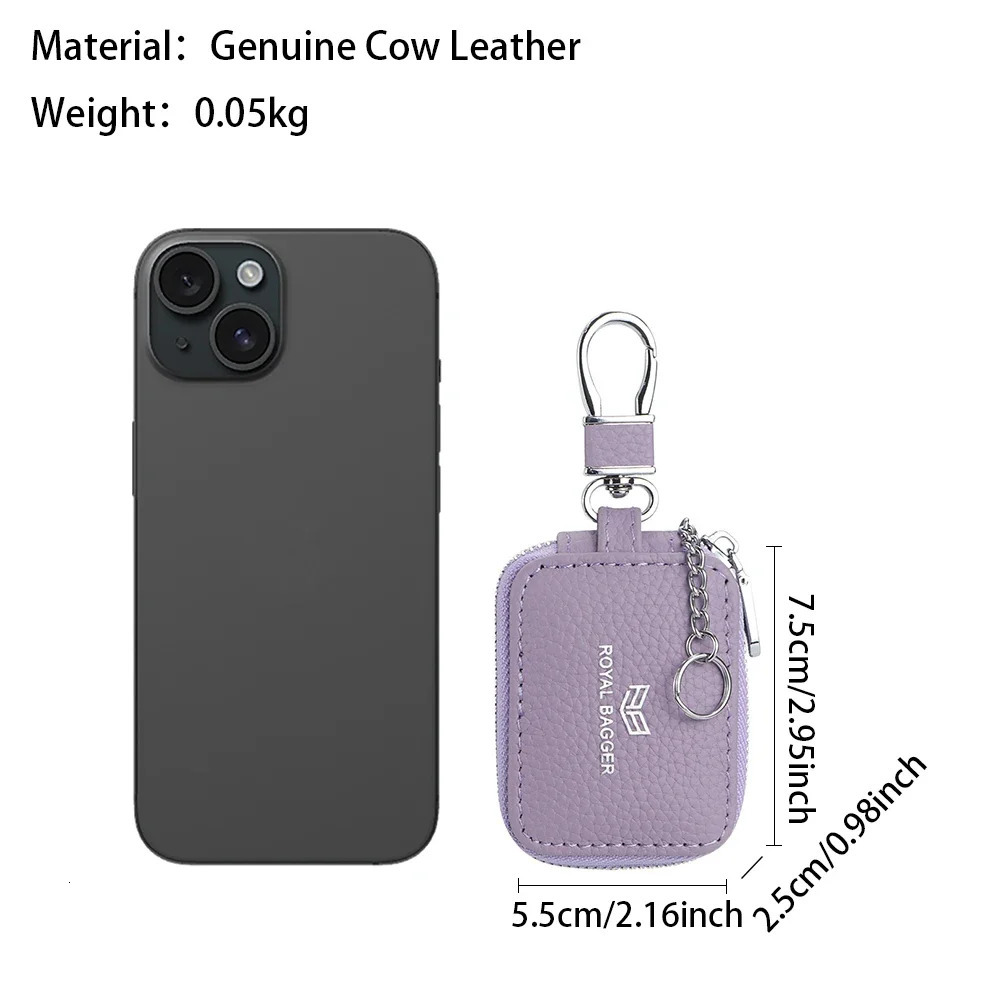 Royal Bagger Mini Portable Zipper Earphone Bag Leather Small Key Wallet with Keychain Fashion Simple 2901 250311