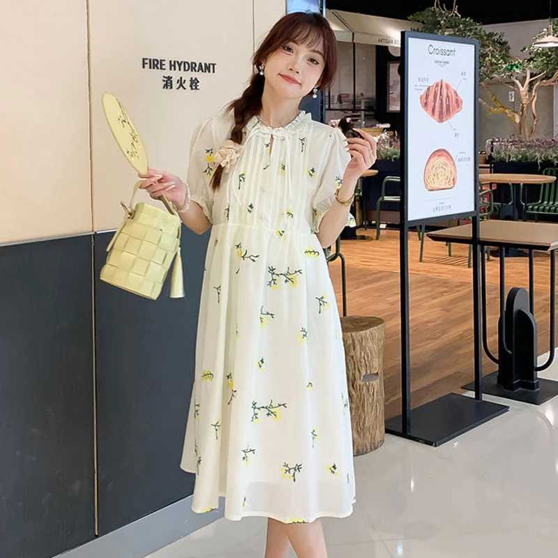 2024 Pregnant Womens Summer Clothing Ruffled Collar Chinese Style Fashion Maternity Floral Dress Sweet Pregnancy Midi DressesT250311