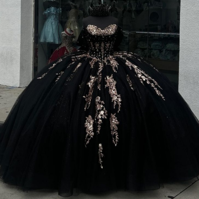 Black Shiny Princess Ball Gown Quinceanera Dresses Sequined Gold Lace Appliques Crystals Beads Birthday Party Sweet 16 Dress Vestidos De 15 Anos