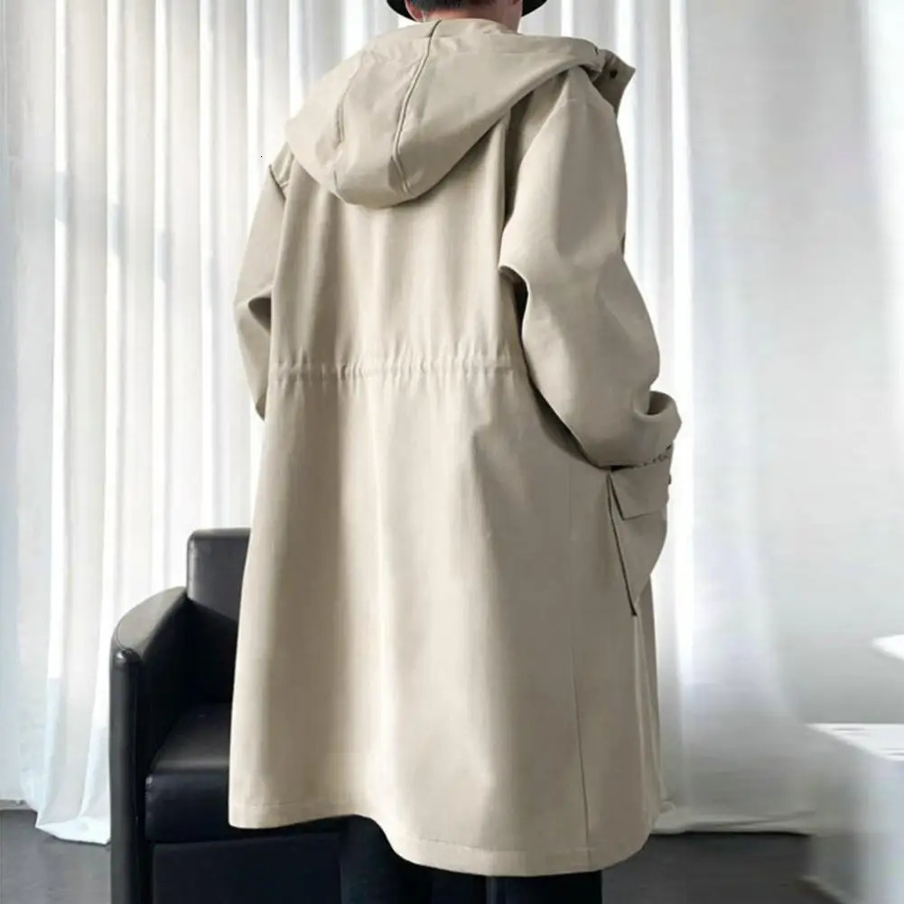 Long trench coat jacket mens autumn spring black hiphop Japanese street hooded khaki casual 250312