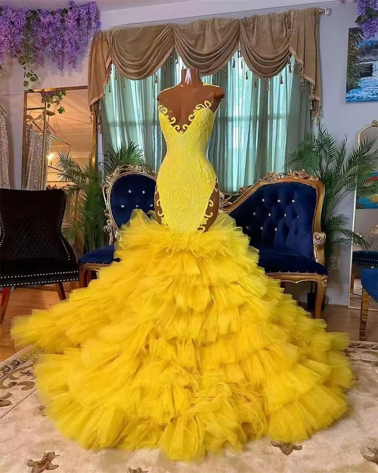 Charming Yellow O-Neck Organza Prom Party Dresses Dress Ruffles Birthday Evening Gown Customized