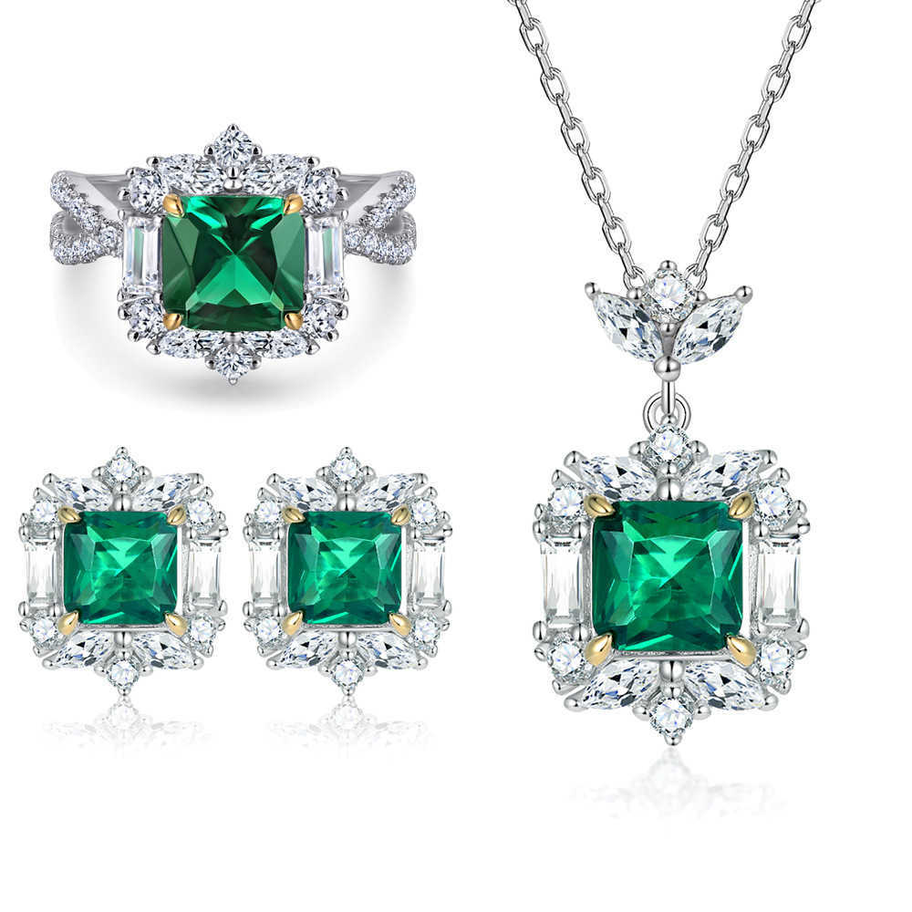 High end pure silver colorful jewelry set S925 silver ring green zircon earrings luxurious emerald necklace high-end feel W250312