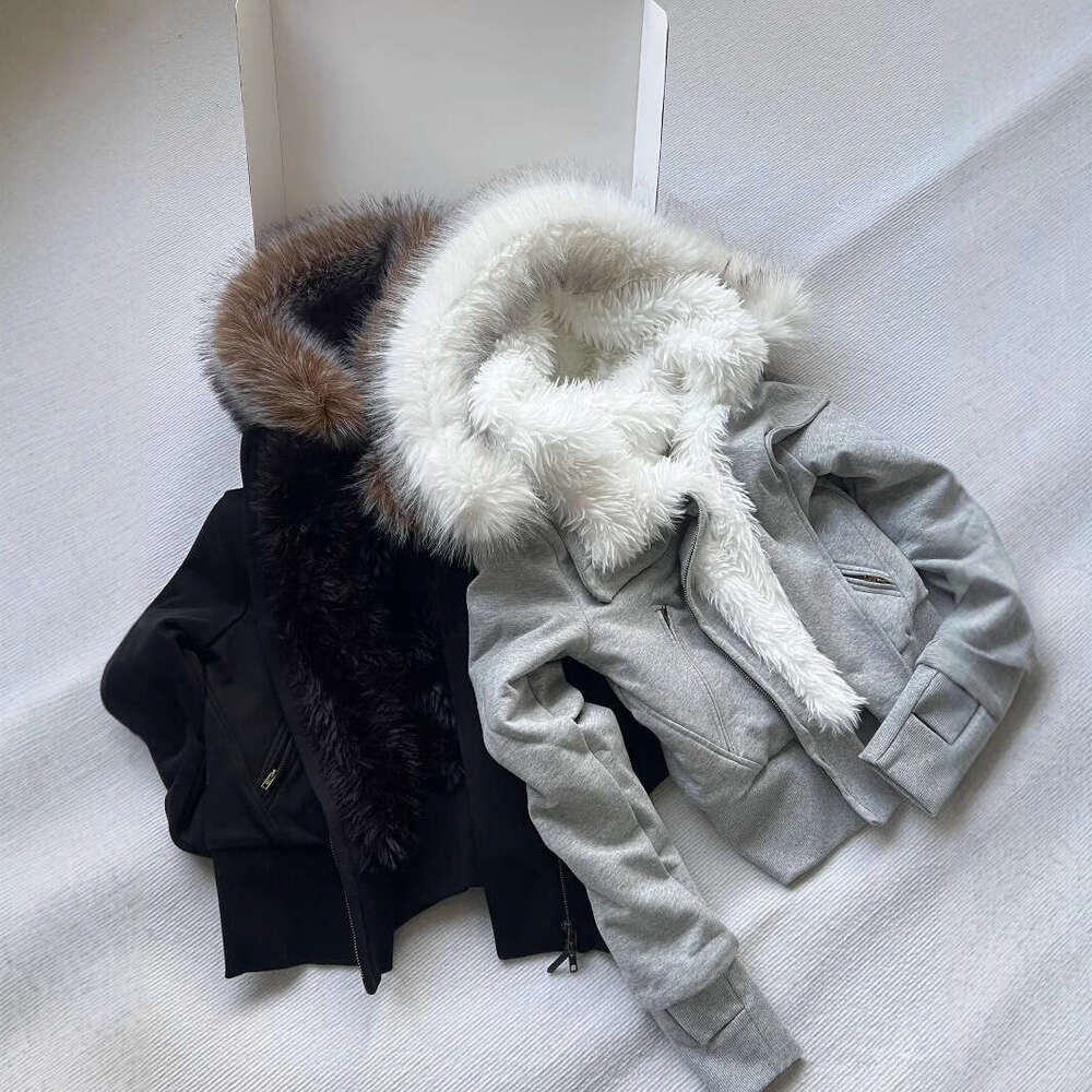 Autumn And Winter Hooded Fur Collar With Plush Inner Lining, Short Hoodie Women's Slimming Zipper Cotton Jacket, Y2k Cardigan
