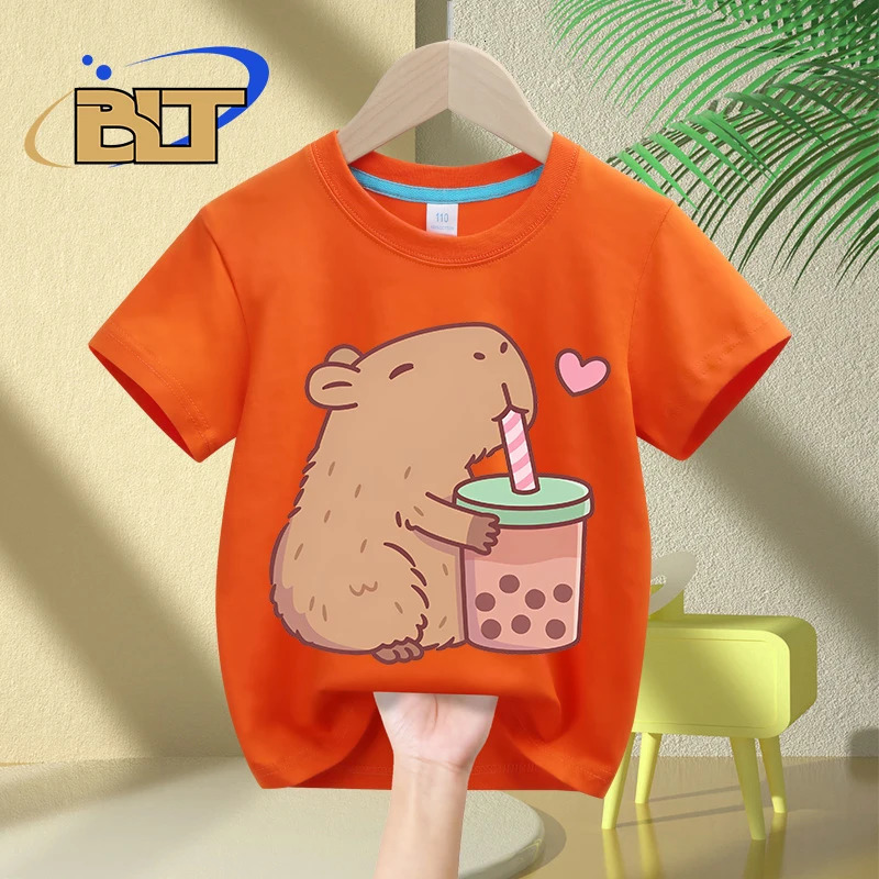 Cute Capybara Loves Bubble Tea print kids T-Shirt summer childrens pure cotton short-sleeved casual tops boys and girls gifts 250311