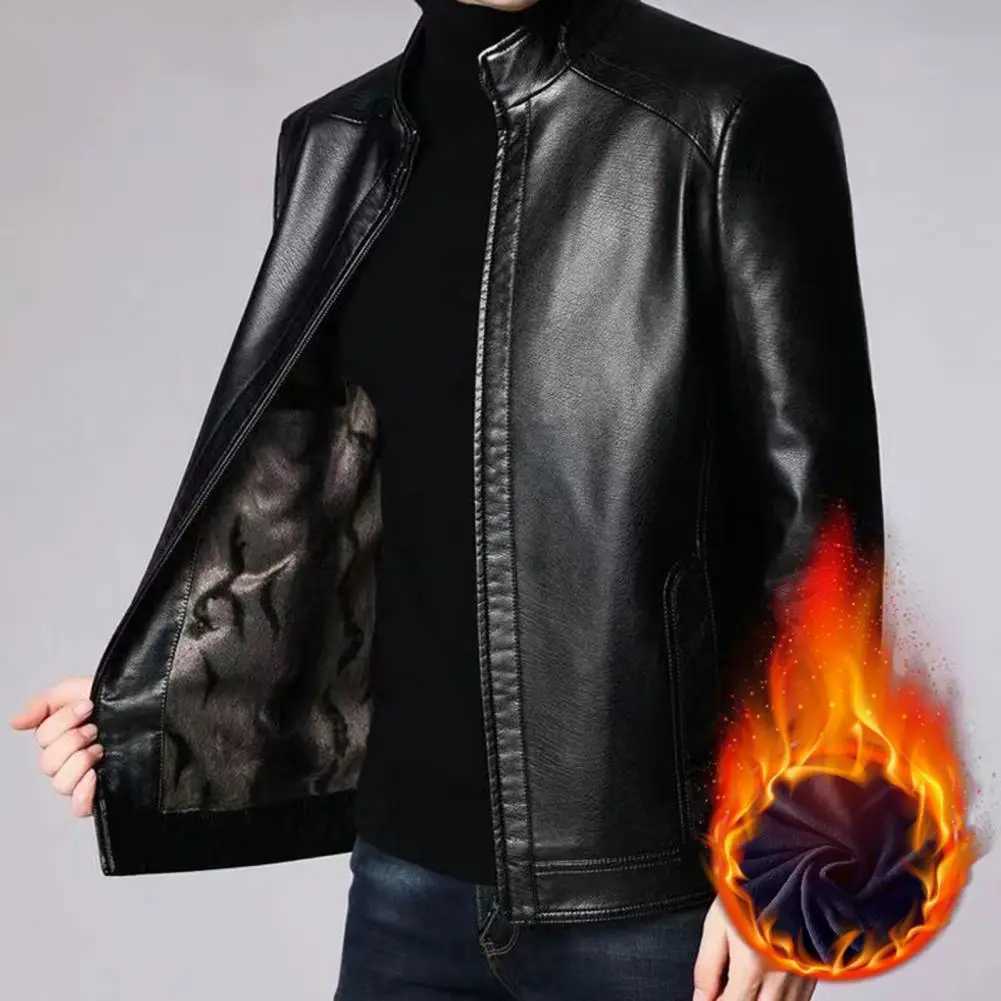 Silky Zipper Jacket Men Stylish Mens Faux Leather Jacket with Standing Collar Zipper Closure Gift for Dad or Boyfriend CasualT250311