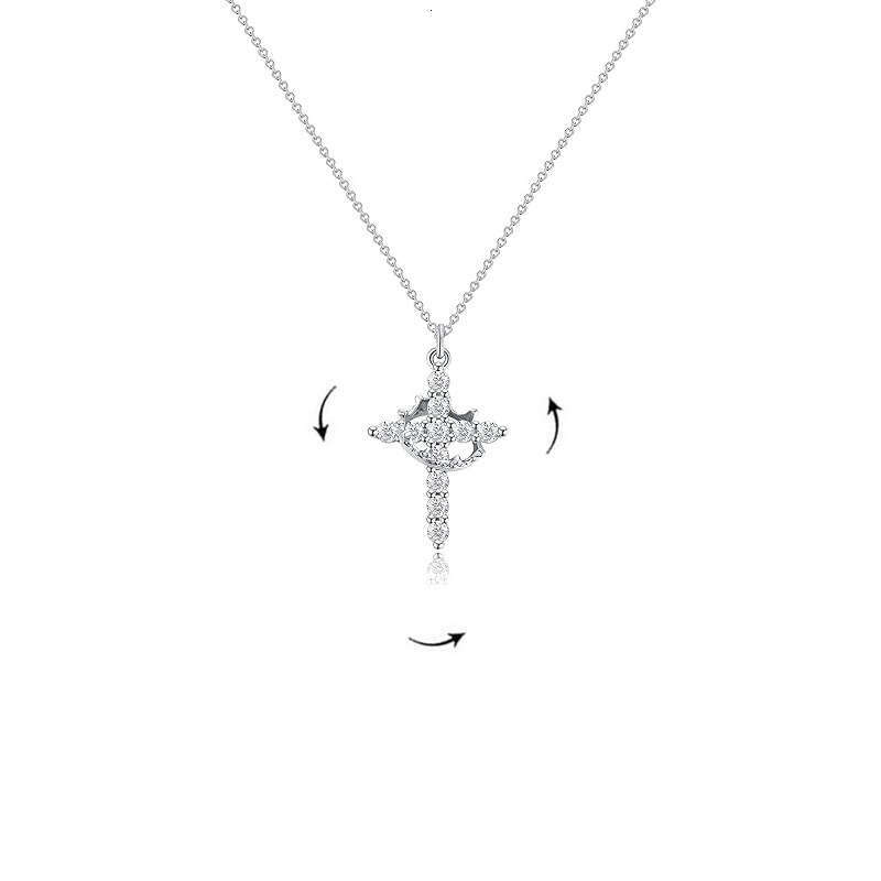 Fashionable stainless steel crown pendant with rotatable full cross zirconia necklace