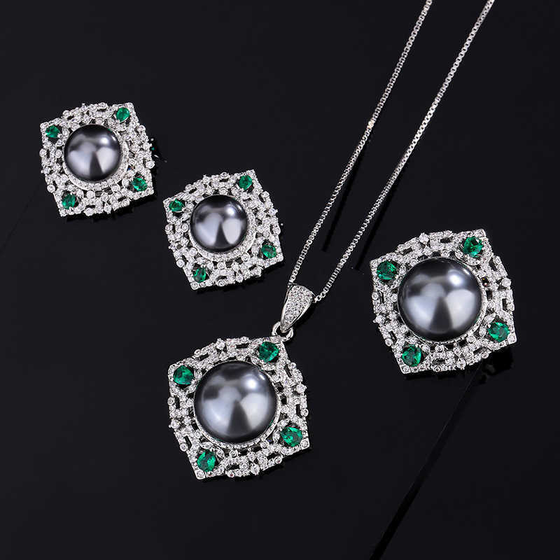 Zhuang Shengsheng copper bottom gold-plated inlaid with mother of pearl Korean version simulation emerald inlaid with diamond temperament gray pearl s
