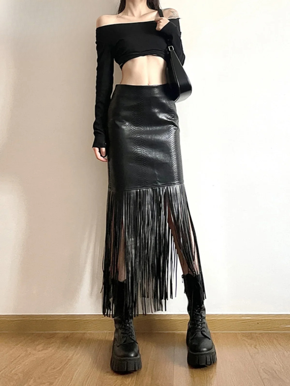 American Hot Girl Fringed Splicing Midi Leather Skirt 2024 Winter New Streetwear High Waist Slim Hip-Wrapped PU Skirts Female