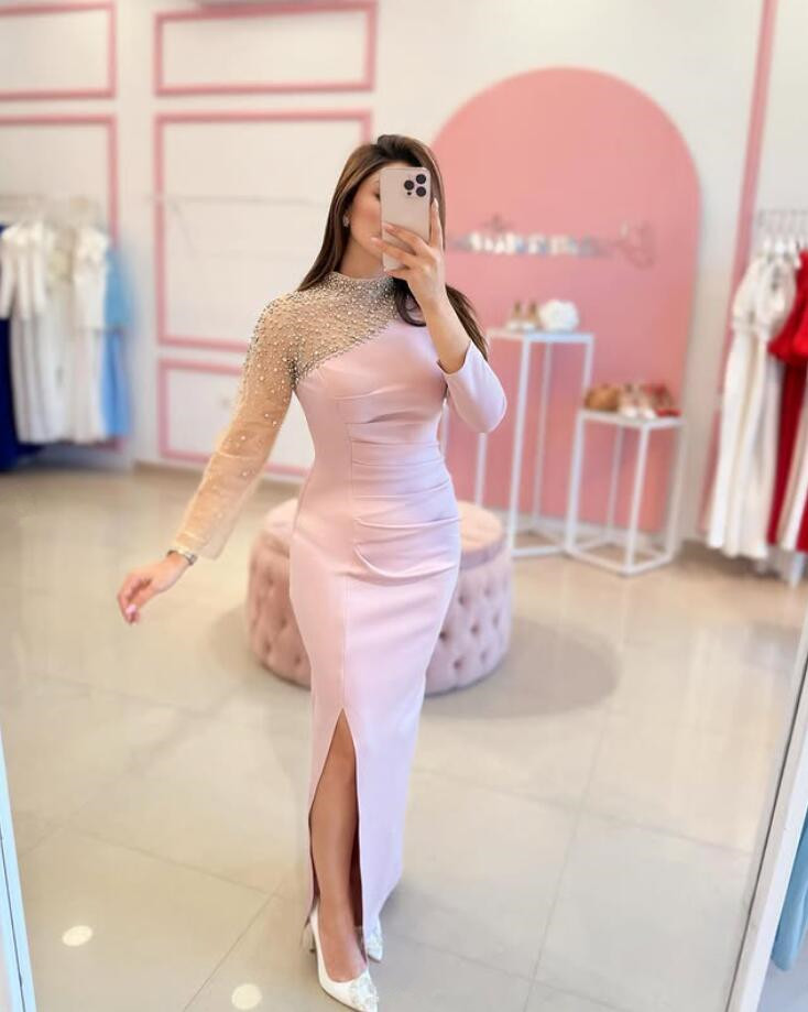 Pink Princess Saudi Sheath Evening Dresses Sexy Slit Long Sleeve Sparkly Beaded Customsized Arabic Prom Gown Garment 2025