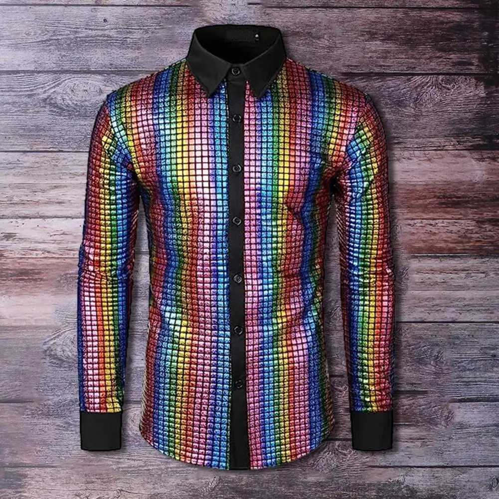 Club dance mens shirt mens disco shirt sequined stand up collar mens club dance stage performance shirt shiny smooth long sleeved W250312