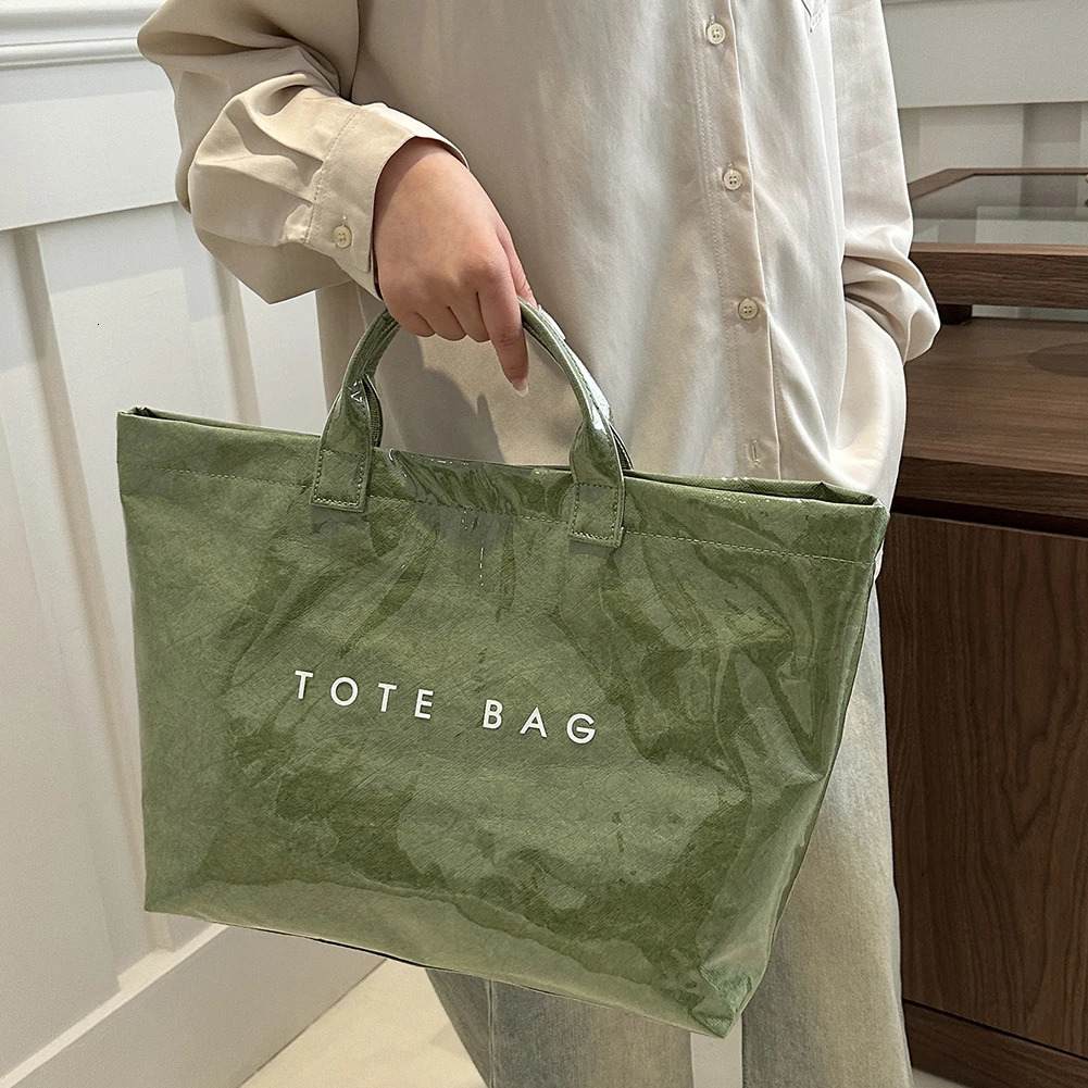 PVC Top Handle Bag for Women Fashionable Tote Bag Large Capacity Simple Trendy Shopping Bag Kraft Paper Handbag Satchel Purse 250305