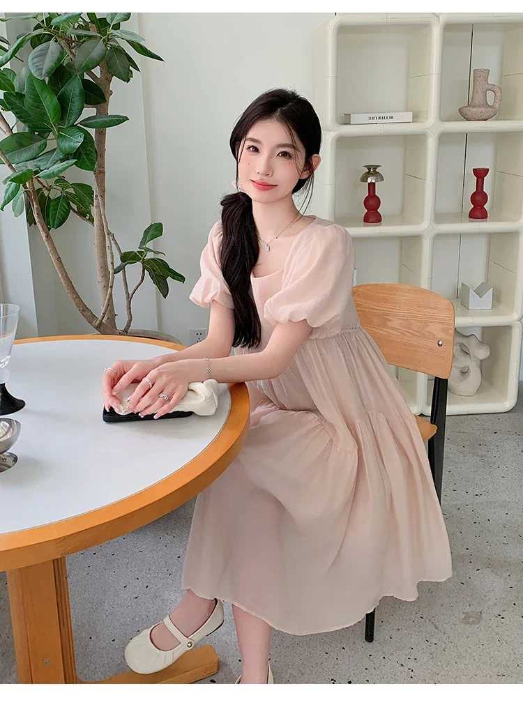 French Style Sweet Pregnant Woman Cake Dress Solid Color Maternity Ball Gown Princess Party Dress Loose Casual Midi DressesT250311
