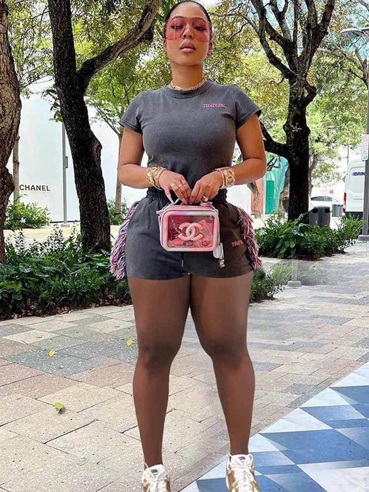 Womens Tracksuits BKQU Letter Embroidery Casual 2 Piece Sets Woman Outfit Short Sleeve T-shirts Side Tassel Shorts Matching Suits Female