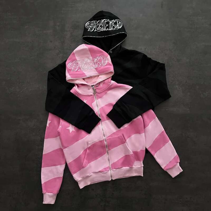 Y2K American Zipper Hoodie Stripe Star Banner Pattern Sweatshirt Men Women New Trendy Casual Streetwear Unisex Oversize Clothing