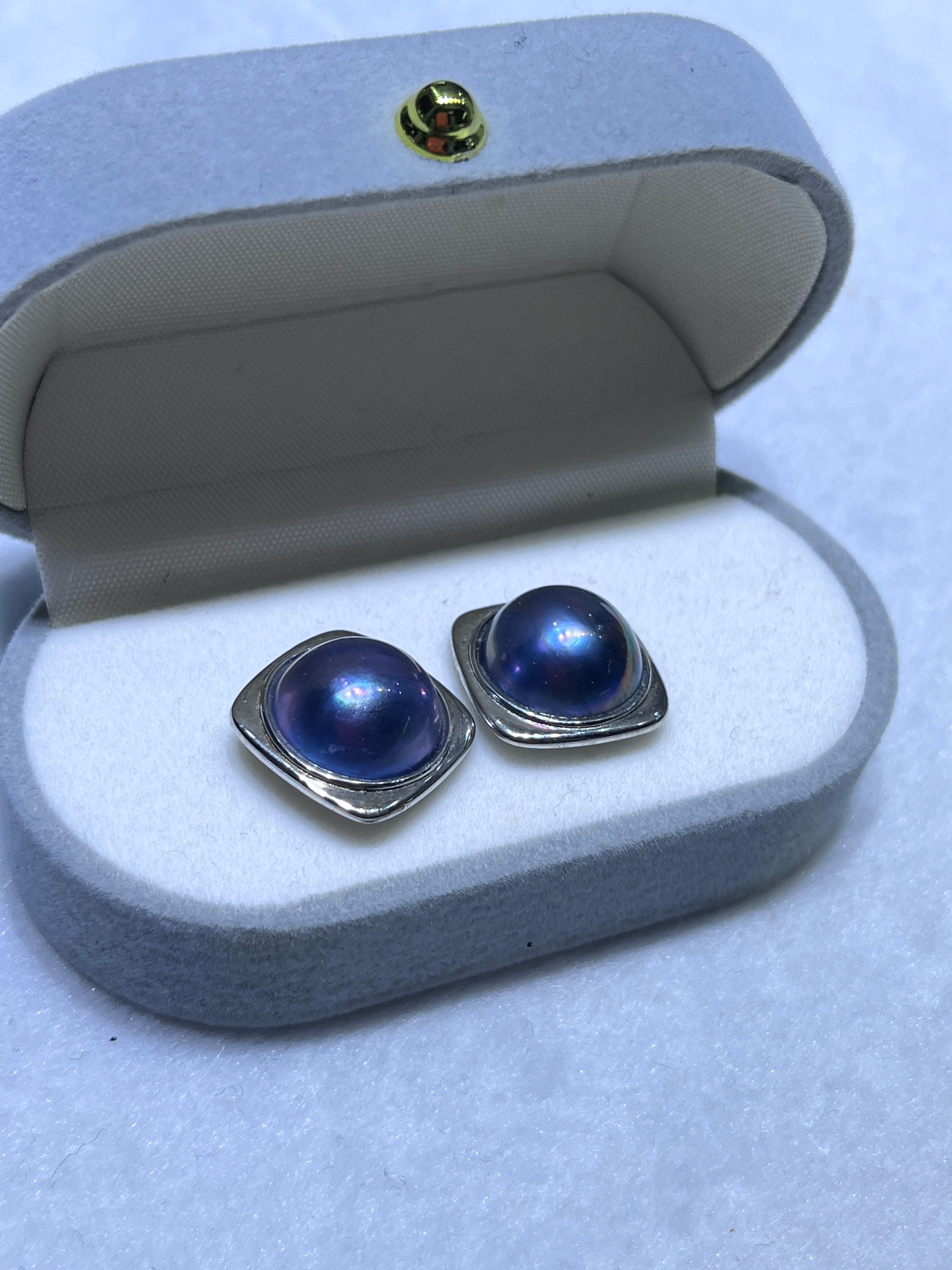 Elegant Boutique Jewelry - Natural Blue Crystal Square Sea Water Pearls Stud Earrings