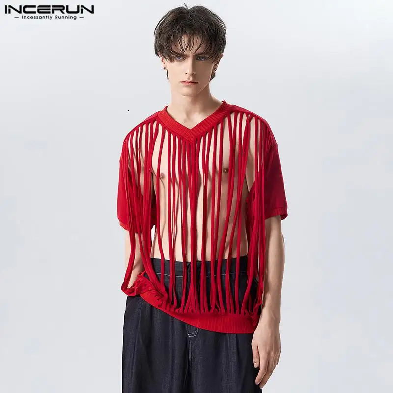 Fashion casual style top INCERUN mens short sleeved knitted Vneck printed Tshirt sexy and comfortable selling hollow vest 250312