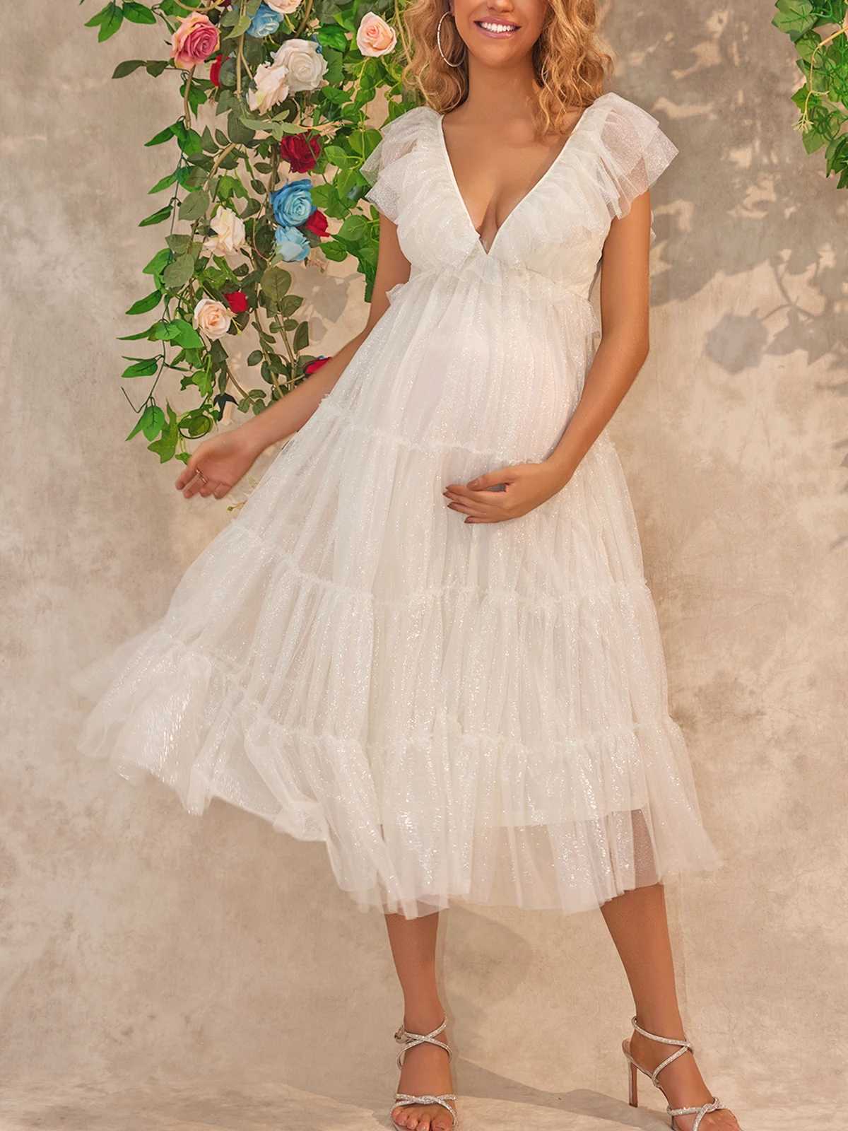 ItsRoya V Neck Ruffle Maternity Dress Glitter Mesh Elegant Evening Party Gowns Backless Loose Pregnant Photography Props DressesT250311