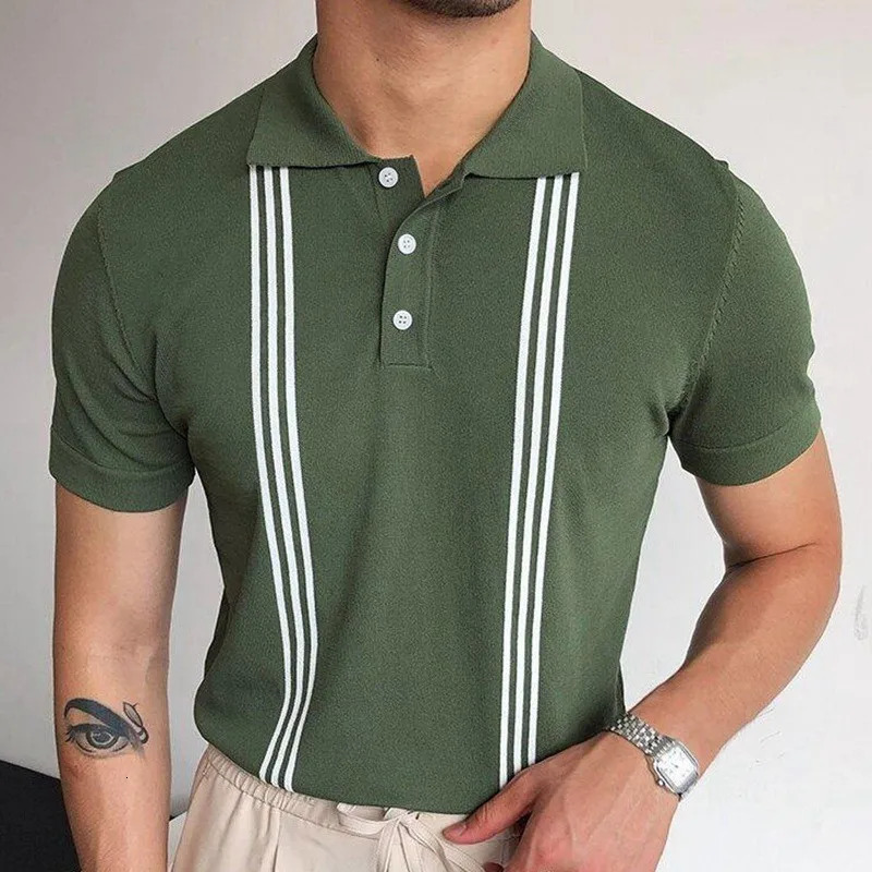 Summer Clothing Mens y Knitted Short Sleeve Polo Shirt Retro Lapel Buttondown Patchwork Fashion Business Leisure Knitwear 250312
