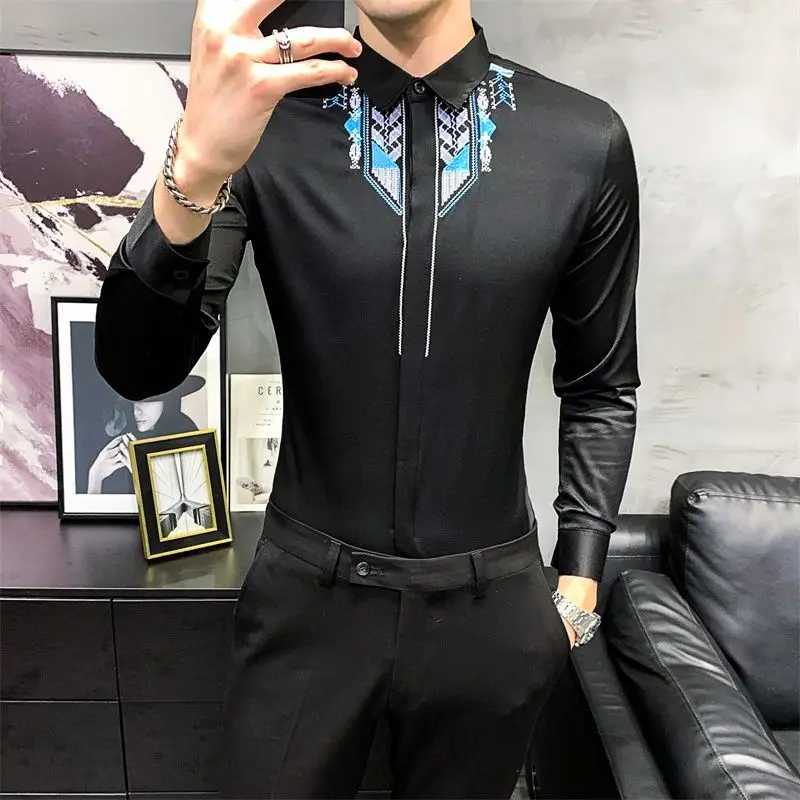Mens Clothing Korean Fashion Non Iron Wrinkle Resistant Business Casual Shirt Vintage Embroidery Long Sleeve Slim Formal Tops W250312