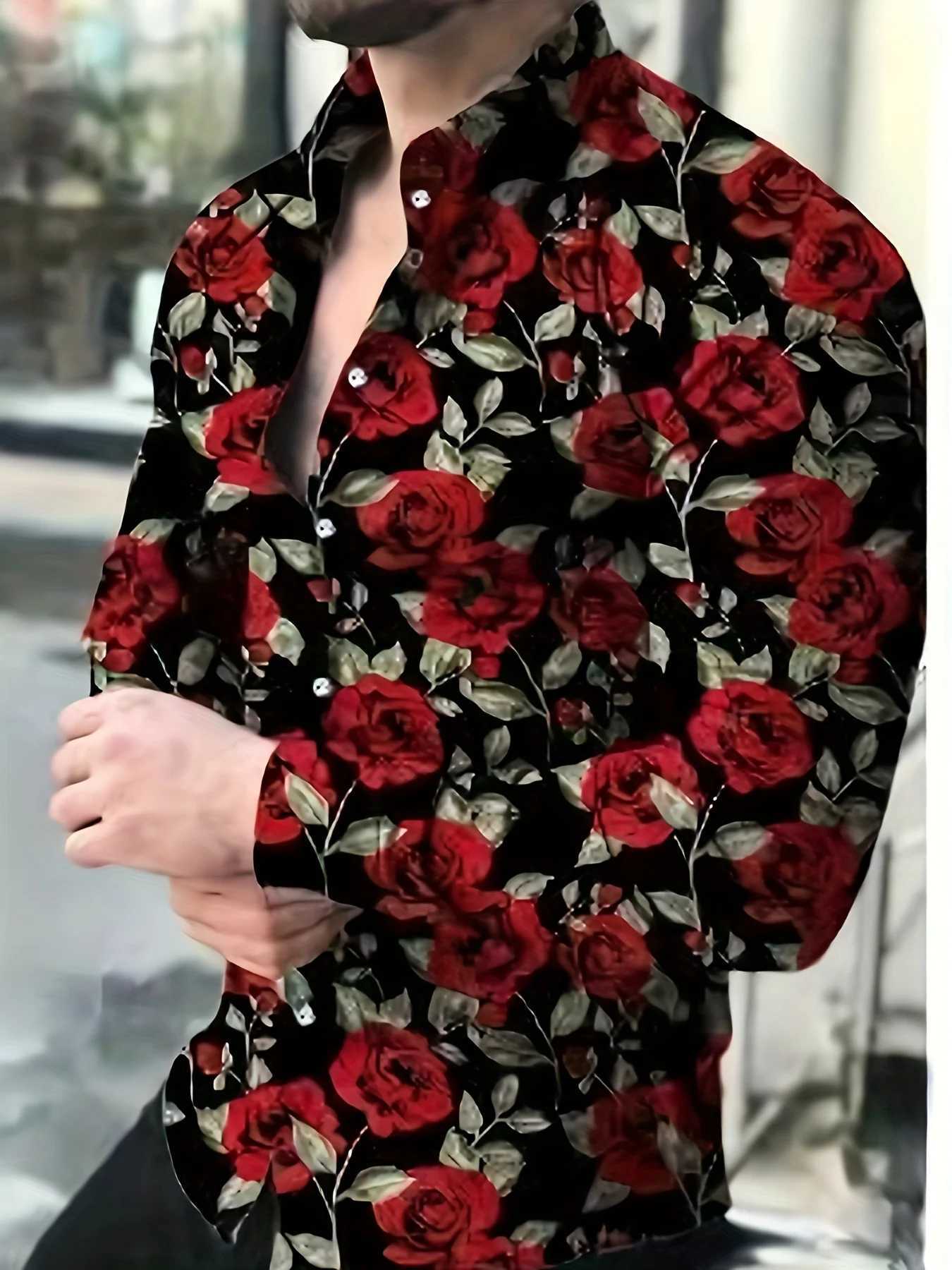 Mens Fashion 3D Rose Pattern Printed Shirt Oversized Spring/Summer Mens Retro Paisley Pattern Long Sleeve Shirt Clothing W250312