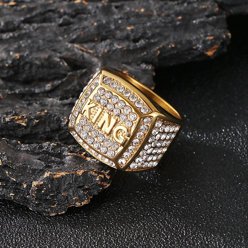 Hip Hop Square Stainless Steel KING Letter Casting Ring with Zirons Jewelry