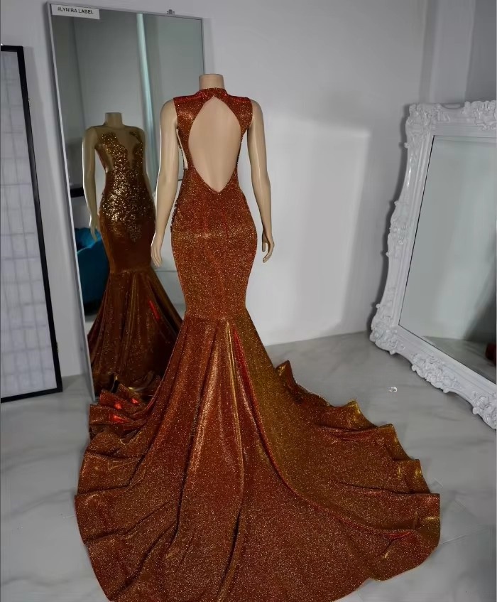Brown Sequins Mermaid Prom Dresses 2025 Sheer Neck Birthday Party Gowns Crystal Rhie vestidos de festas Customized