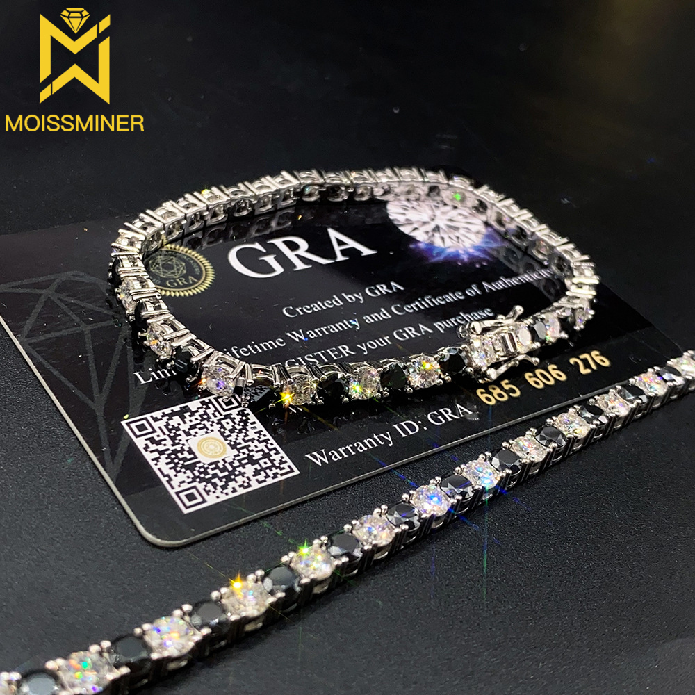 4mm Moissanite Tennis Chain Black Single Row Bracelets S925 silver Iced Out for Men Hip Hop Jewelry Pass Diamonds Tester GRA