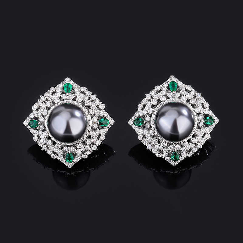 Zhuang Shengsheng copper bottom gold-plated inlaid with mother of pearl Korean version simulation emerald inlaid with diamond temperament gray pearl s