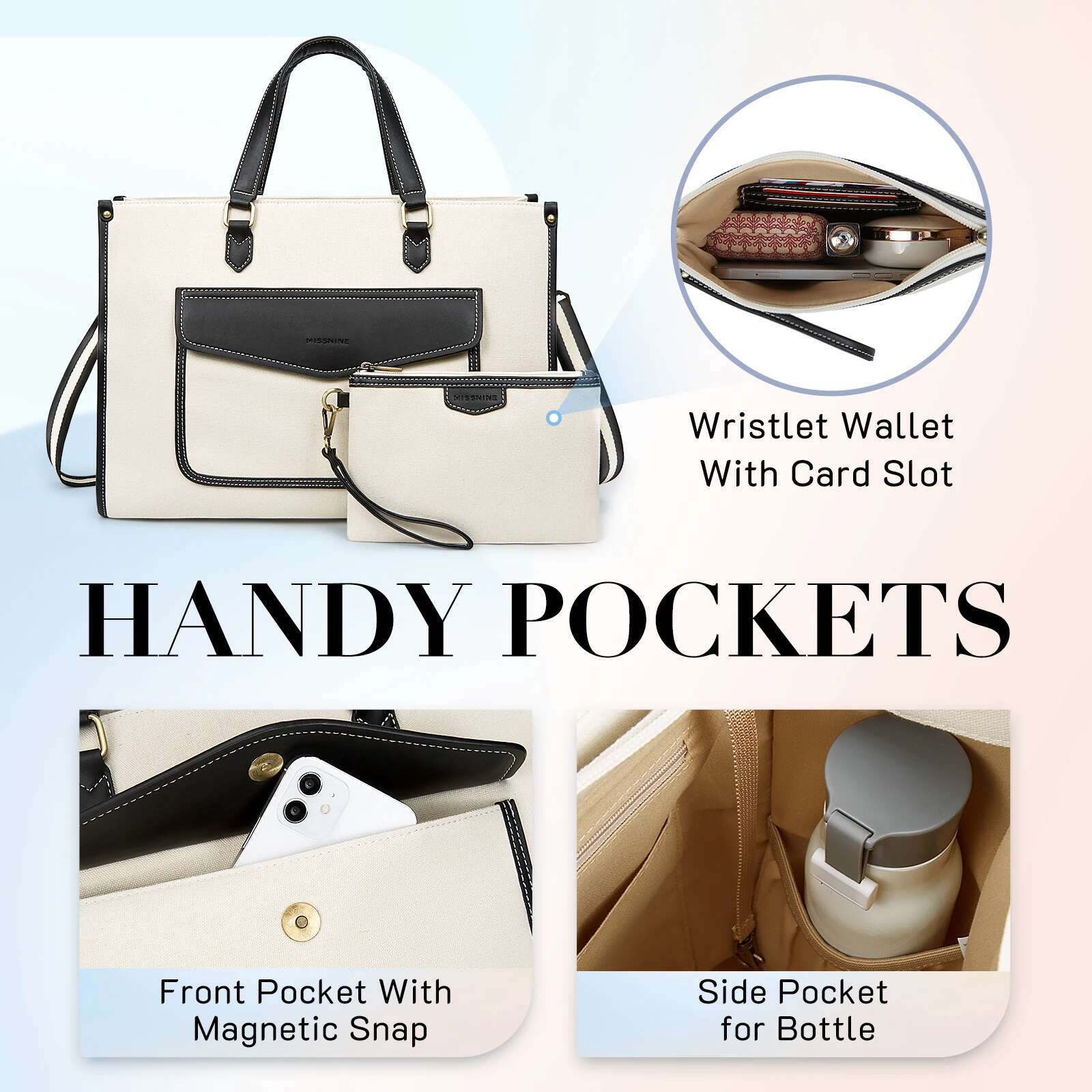 Missnine Women's Briefcase Tote Canvas Laptop 15.6 Inch Casual Work Shoulder ipad Bag Suitable for Travel Office