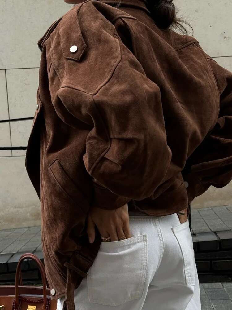 2025 Fashion Lapel Full Sleeve Brown Short Women Jacket Casual Zipper Pocket Suede Cropped Coat Lady New Chic Highstreet Outwear